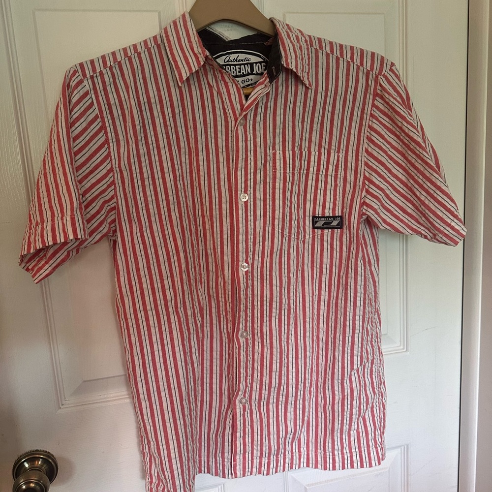 Caribbean Joe Red and White Casual Button Down Shirt